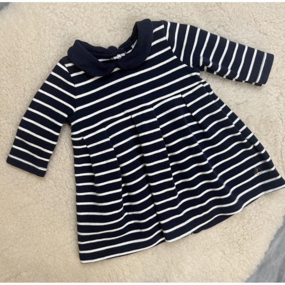 Petit Bateau Baby Girl Dress 3M Navy Stripe Peter Pan Collar Nautical Coastal
